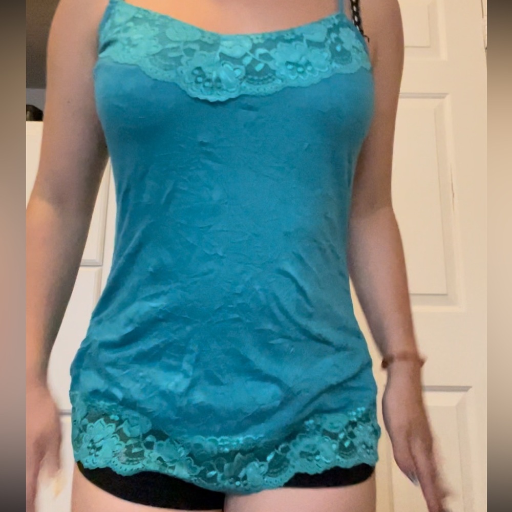 Turquoise lace trim, tank top